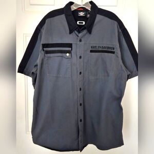 VTG Harley-Davidson Sz XL Black Gray Colorblock Button Down Mechanic Logo Shirt